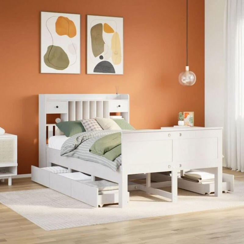 Massivholzbett Vidaxl aus Kiefer mit Regal in Weiß, B/T/H: 135 x 190 x 110 cm - Bild 1