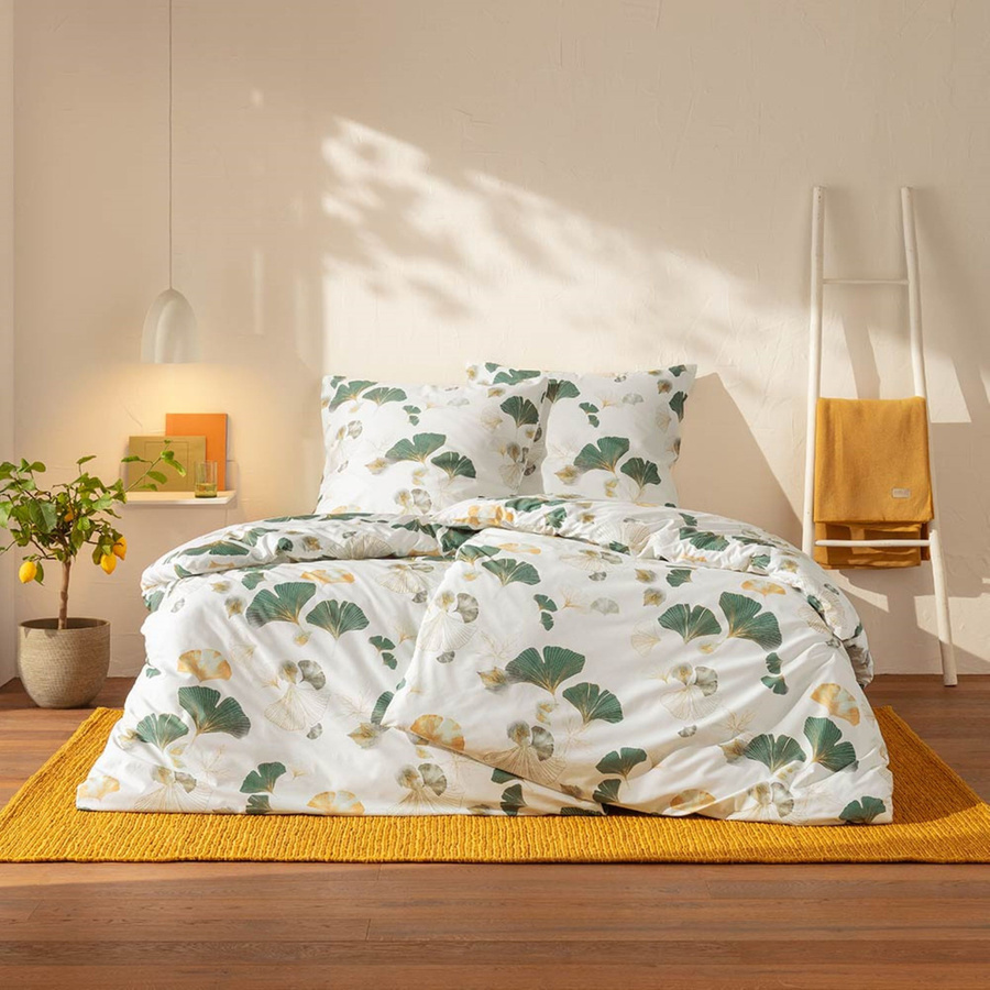 Estella Mako-Satin Bettwäsche Gisele grün Blätter Gingko mit Bettbezug und Kissenbezug, Breite: 155 cm, Höhe: 220 cm, Kissen: 80 x 80 cm - Bild 1