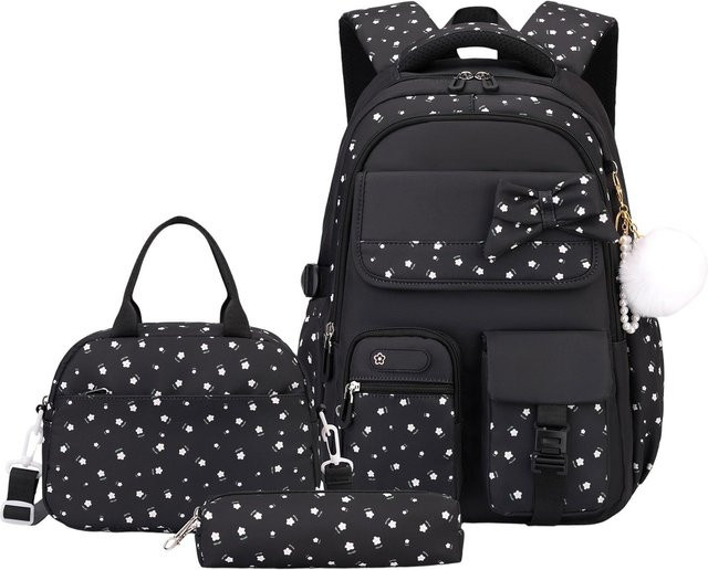 Hong Hollyland Unisex Kinderrucksack-Set mit Brotdose und Federmäppchen in Schwarz aus Nylon - Bild 1