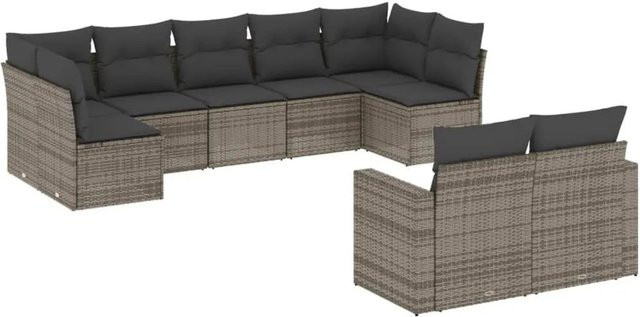vidaXL 9-tlg Garten-Sofagarnitur in U-Form aus grauem Poly-Rattan mit Sitzkissen und Stauraum - Bild 1