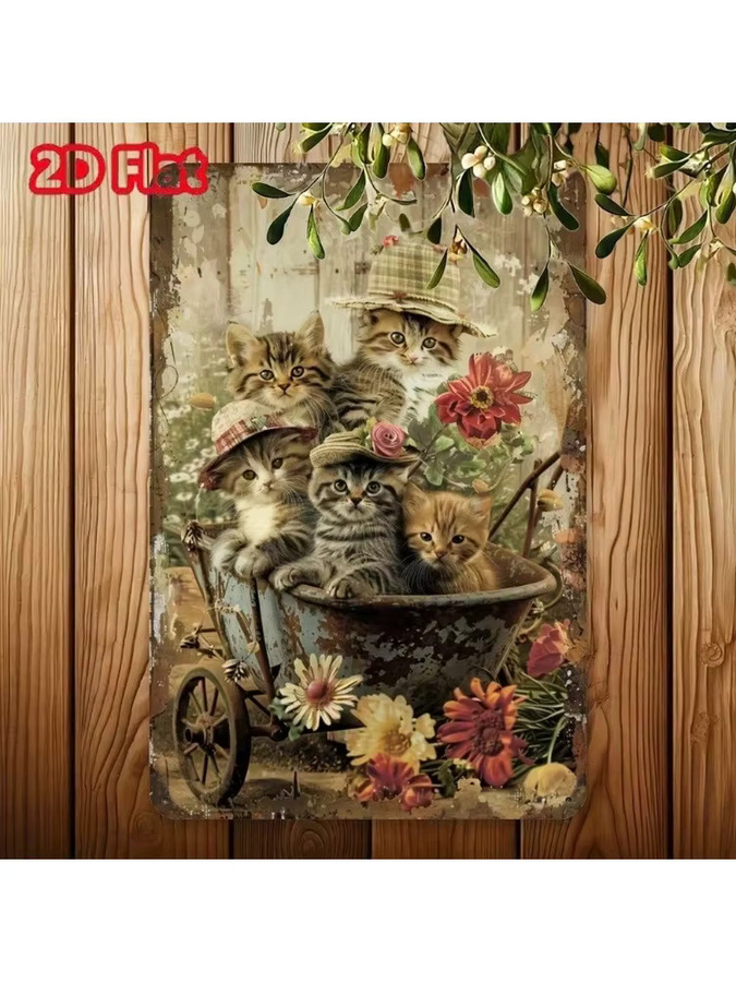 Vintage Wandkunstschild aus Metall von CIFBUY mit Hatted Cats und Blumenmuster zur rustikalen Heimdekoration - Bild 4