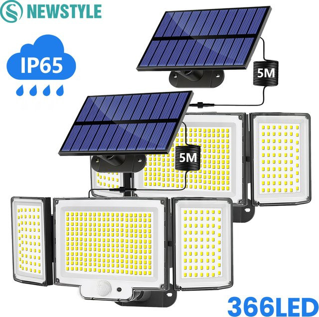 Solar-Flutlicht mit 366 LEDs und Bewegungssensor, IP65 wasserdichte Solarleuchte für den Garten mit Fernbedienung und 3 Beleuchtungsmodi, weiß - Bild 1