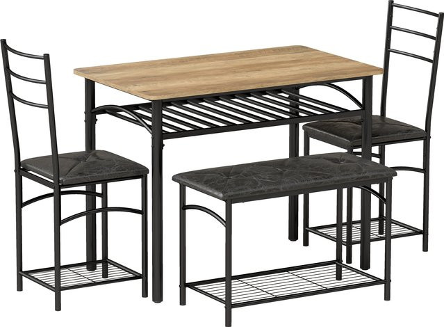 HOMCOM 4-tlg. Essgruppe im Industrial Design mit Esstisch, 2 gepolsterten Stühlen und Bank in Braun - Bild 1