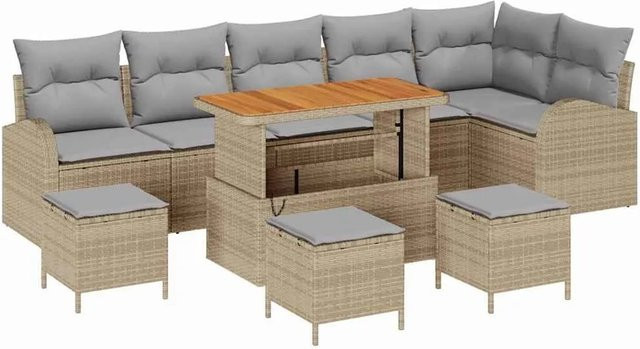 vidaXL Garten-Sofa-Set 10-tlg. in L-Form mit Eckelement, Ottoman, Couchtisch und Kissen in Beige und Hellgrau - Bild 1
