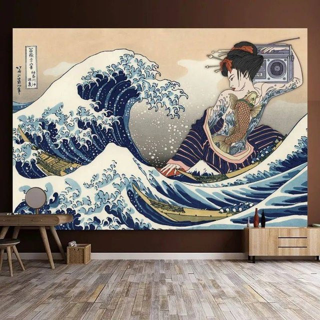 VIKAMA Wandteppich im japanischen Ukiyo-E-Stil mit Natur-Illustration in Multicolour - Bild 1
