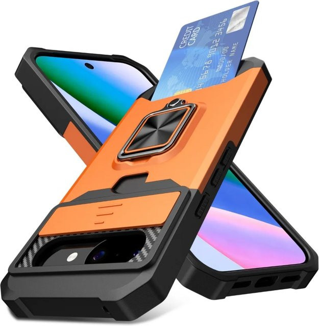 Google Handyhülle mit Kartenfach, Ringhalter und Schiebe-Kameraabdeckung für Pixel 6 7 8 9 10 Pro XL in Orange - Bild 1