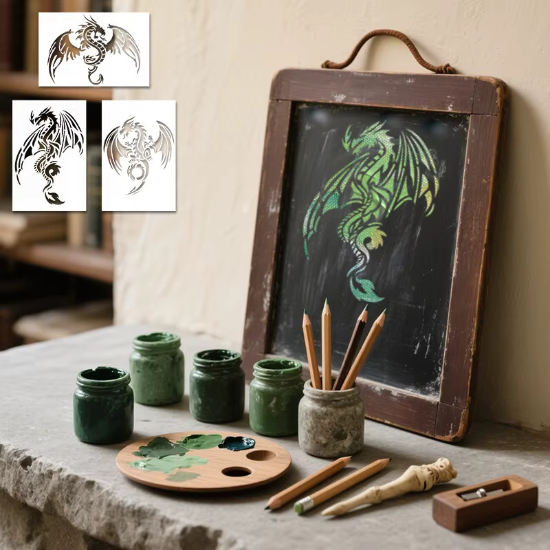 YOMDID 3er Set Drachen Zeichenvorlagen aus PET für DIY-Drachenmuster, Sprühmalerei und Graffiti-Dekoration, B: 24,0 cm, H: 16,0 cm - Bild 2