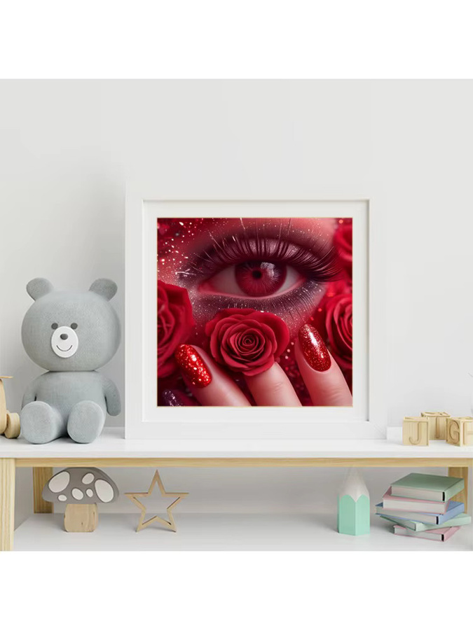 Momoart DIY Diamant-Stickerei Augen-Porträt mit Schmetterling und Blumen, Voll-Diamant-Mosaik in Rot, B/B/H: 20 x 20 x 20 cm - Bild 3