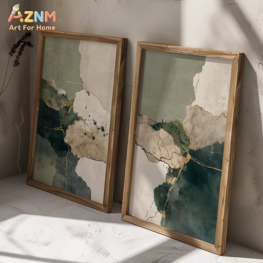 AZNM Abstrakter Leinwanddruck in Salbeigrün, Beige und Gold, Moderne Aquarell-Wandkunst im Japandi-Stil - Bild 2