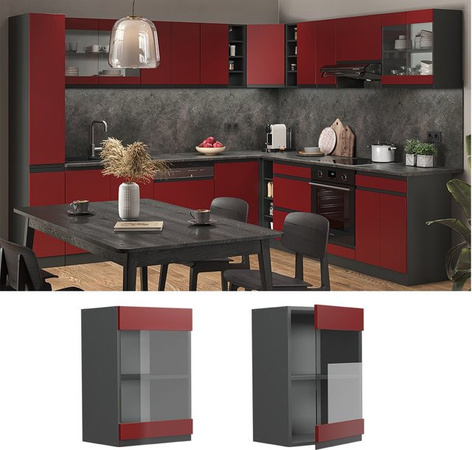 Vicco R-Line J-Shape Glashängeschrank für die Küche in Anthrazit und Rot mit Glasfront, Breite: 40 cm, Höhe: 60 cm, Tiefe: 31 cm