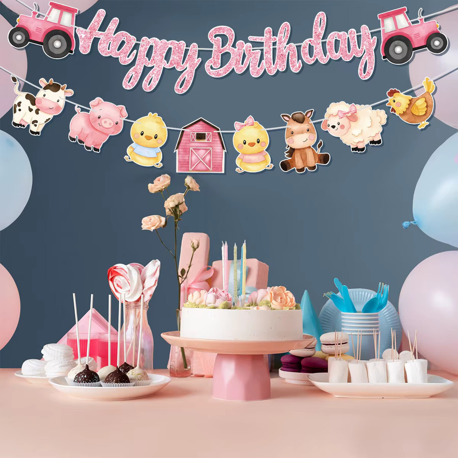 Wayfun Geburtstag Banner Rosa Bauernhoftiere Wimpel Dekoration aus Papier - Bild 2