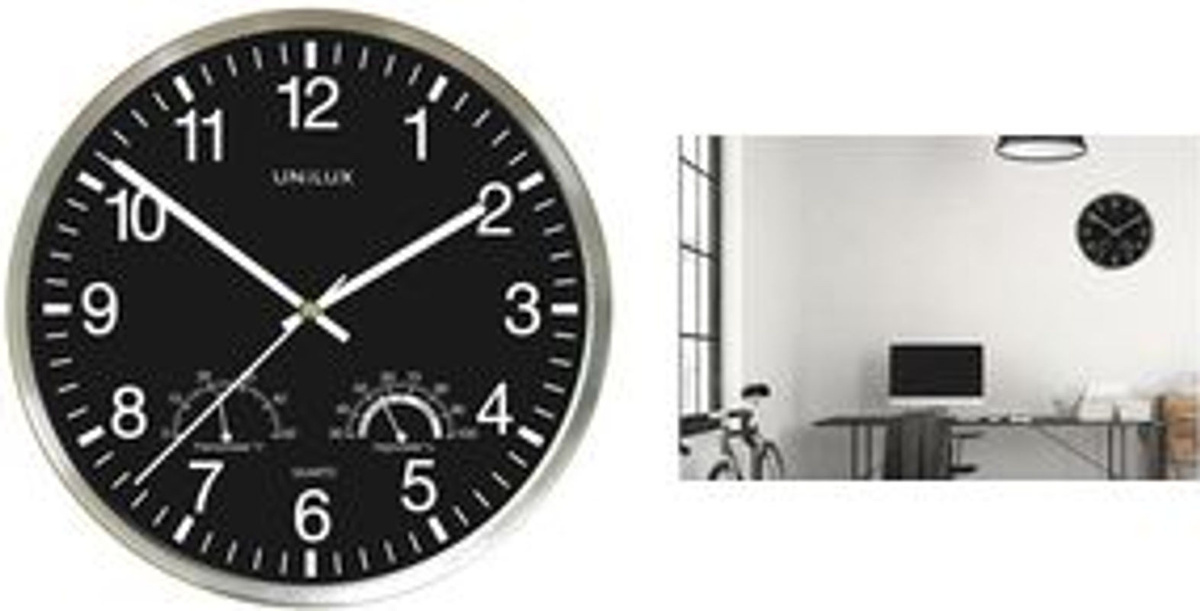UNiLUX Wanduhr WETTY in Schwarz mit Thermometer und Hygrometer, rund, Analog, Durchmesser: 30 cm - Bild 1