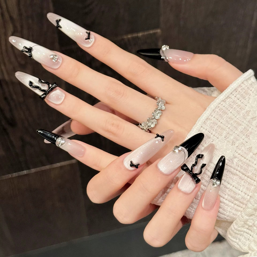 YADORNOS Fake Nails, Mandel French Press on Nails, 3D Bow Decor, Cat's Eye, Glänzend - Bild 3
