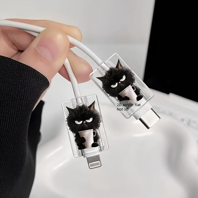 2 Stück schwarze Katze 2D-Kabelschutz für USB-C und Apple-Ladekabel aus bruchsicherem Kunststoff in Schwarz - Bild 1