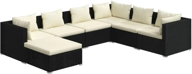 vidaXL 7-tlg Garten-Lounge-Set aus Poly-Rattan in Schwarz mit Polsterkissen und Fußstütze - Bild 1