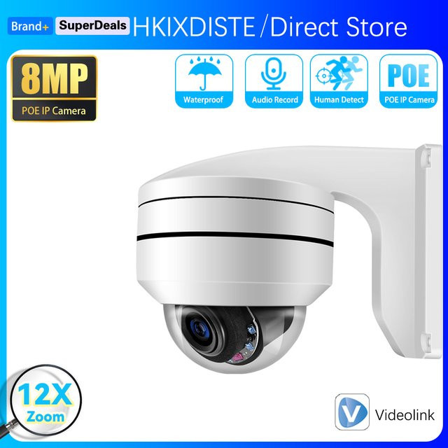 HKIXDISTE 8MP POE IP-Sicherheitskamera für Außenbereich mit 4K HD, PTZ Dome-Kamera mit 12-fach Zoom und Audioaufnahme, Farbe: Weiß - Bild 1