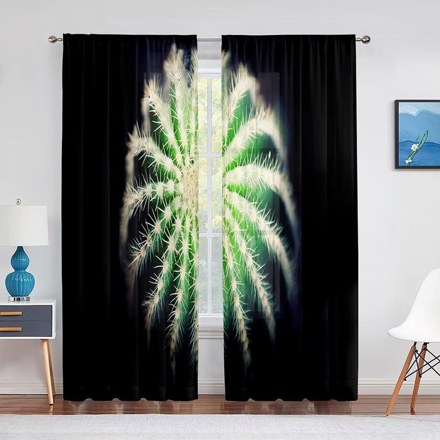 Transparentes Voile-Fensterdekoration mit Sukkulenten- und Kaktus-Blumenmuster von Super Six, Farbe Grün, Breite: 100 cm, Höhe: 250 cm - Bild 1