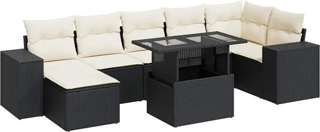 vidaXL 8-teilige Garten-Sofagarnitur in L-Form aus Poly-Rattan mit Kissen in Schwarz-Creme - Bild 1