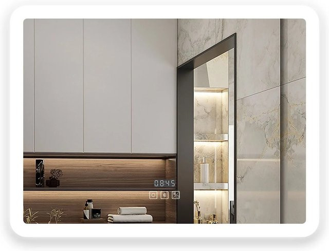 Aica Sanitär Badspiegel mit Bluetooth und Uhr, LED Beleuchtung dimmbar in Neutral-Warm-Kaltweiß, Memory Touch Wandschalter, B: 70 cm, H: 50 cm - Bild 1