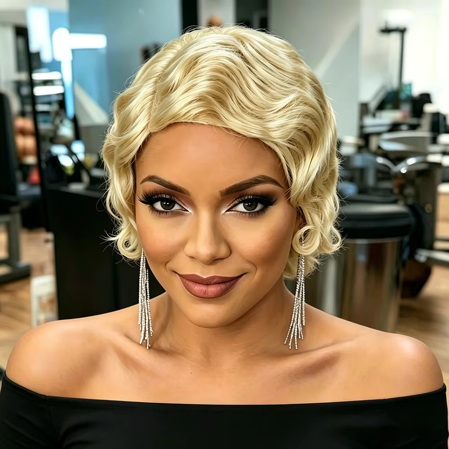 OYM HAIR Blonde Fingerwave Pixie Perücke, 613 Blonde, Echthaar-Perücke - Bild 6