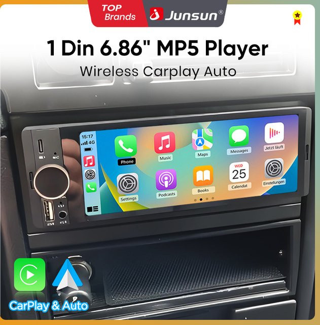 Junsun 1 Din Autoradio mit 6,86 Zoll IPS Touchscreen, Bluetooth, Apple CarPlay und Android Auto, Schwarz - Bild 1