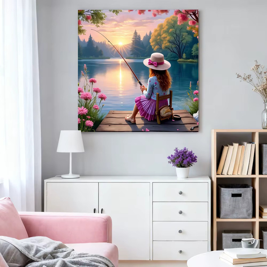 HUACAN Diamant-Mosaik-Set Porträt einer Frau am Meer bei Sonnenuntergang, Wanddekoration in Multicolour, B/H: 20 x 20 cm - Bild 3