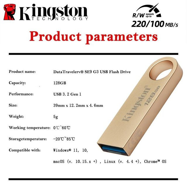 Kingston DataTraveler SE9 G3 USB-Stick 128 GB USB 3.2 Gen 1 Metallgehäuse Gold - Bild 2