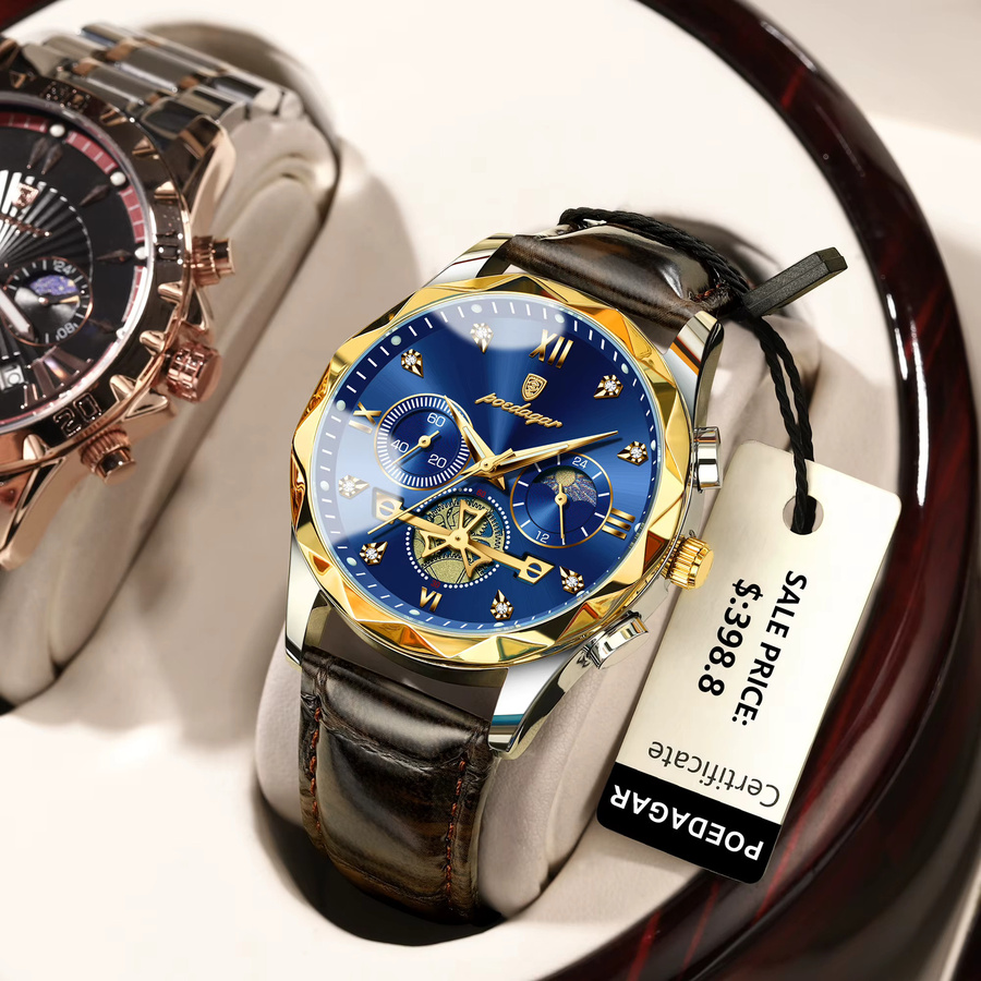 POEDAGAR Armbanduhr Chronograph, Quarz, Leder, Blau, Herren - Bild 6