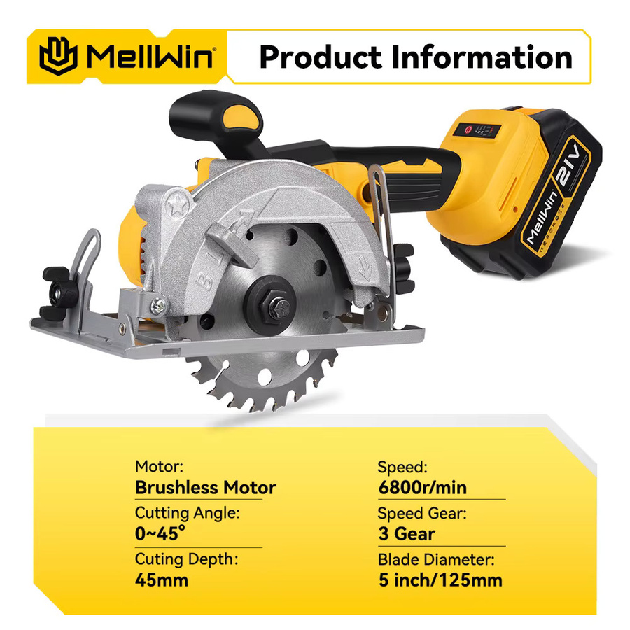 MELLWIN Elektrische bürstenlose Kreissäge 125 mm, kabellose Mehrwinkelsäge für Makita 18 V LXT Akkus, Gelb - Bild 2