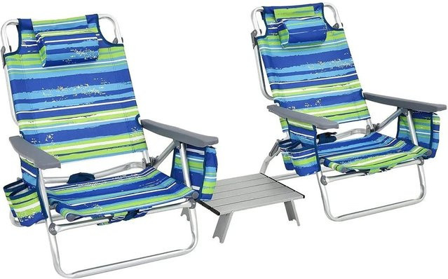 Costway Strandstühle und Tisch Set mit verstellbarer Rückenlehne und Getränkehalter in Blau - Bild 1