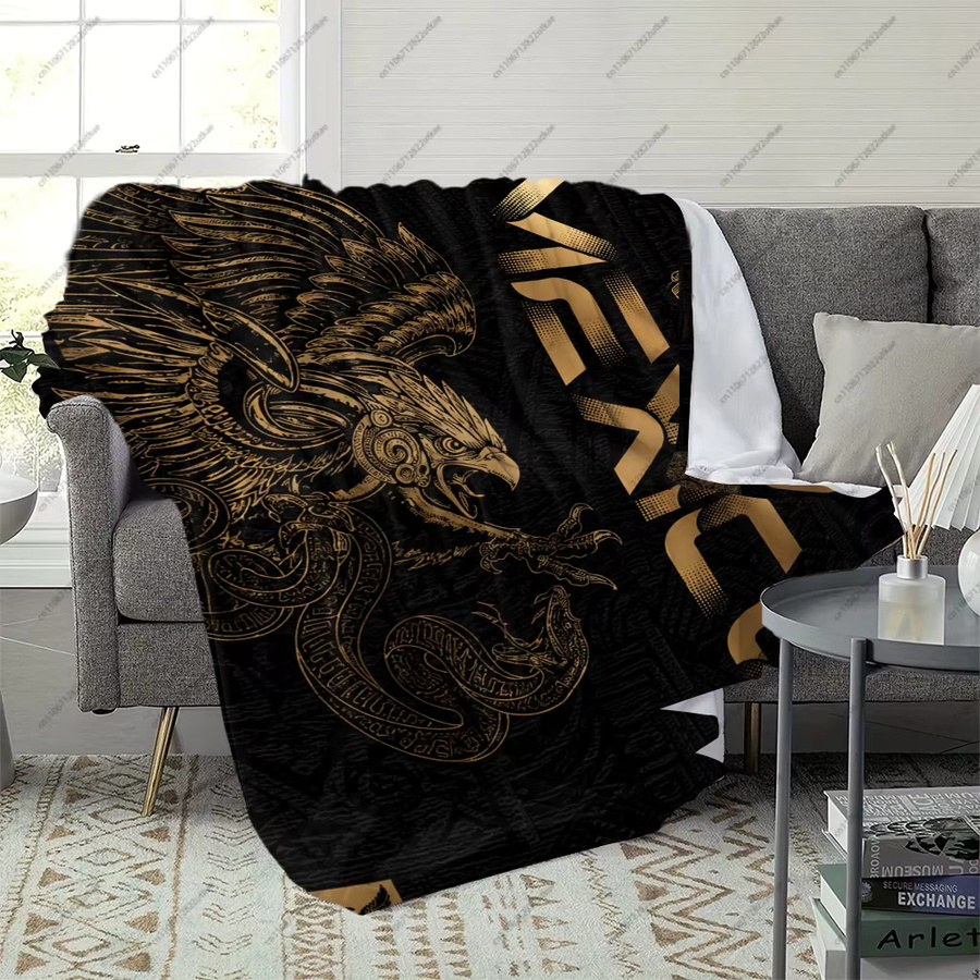 Mexikanische Azteken-Adler-Schlangen-Wurfdecke in Schwarz-Gold mit ethnischem Ornament-Design - Bild 2