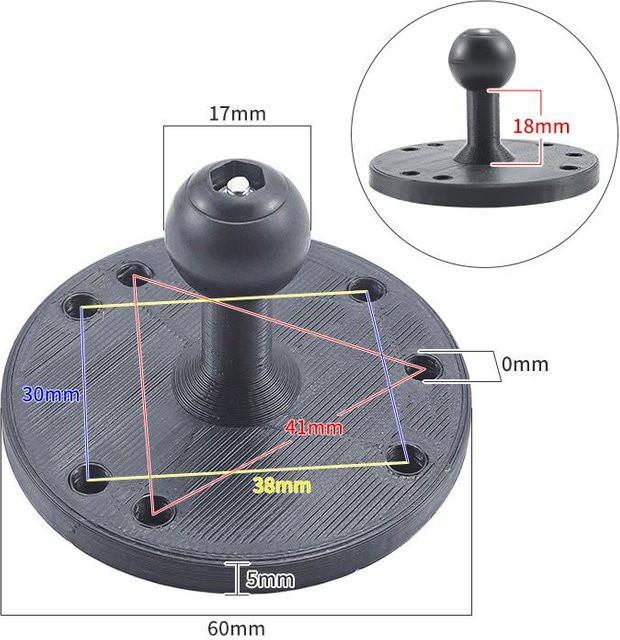 Kitchenm 17mm Kugelhalterung für Handy-GPS-Halterungen mit Diamant-Kugelgelenk oder quadratischer Montagebasis in Schwarz - Bild 1