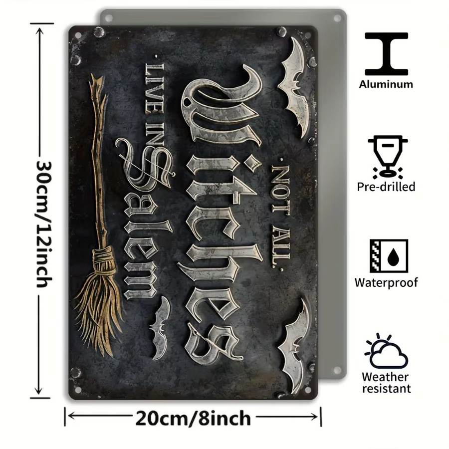 HELLOYOUNG Vintage Aluminium-Wandschild Not All Witches Live in Salem, Halloween-Dekoration mit Fledermaus- und Besen-Design, Schwarz, B: 30,0 cm, H: 20,0 cm - Bild 2