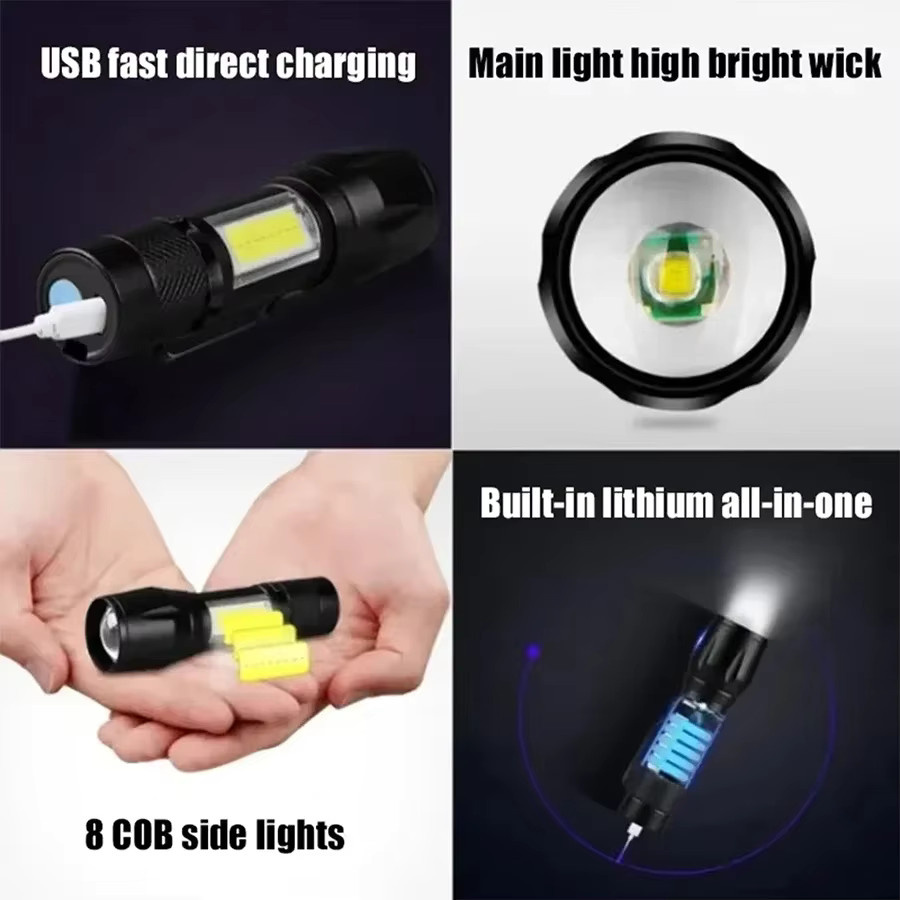 Heinast USB-Mini-Taschenlampe mit COB und XPE LED, wiederaufladbare EDC-Taschenlampe mit Zoom in Schwarz - Bild 3