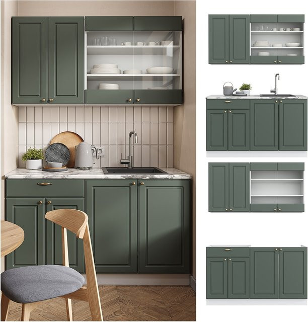 Vicco Küchenzeile Fame-Line Single Einbauküche im Landhausstil, Weiß Grün Gold, Breite: 140 cm - Bild 1