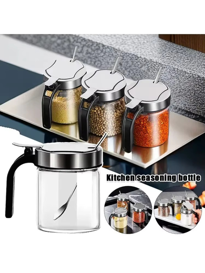 LIJIAO Gewürzglas aus Glas mit Löffel für Salz, Zucker oder Gewürze, 300 ml, transparent/grau - Bild 6