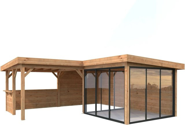 PALMAKO Pavillon Lenna Set 410 Slide aus Fichtenholz in Braun mit Alu-Schiebetüren und Flachdach, B/T/H: 588 x 588 x 245 cm - Bild 2