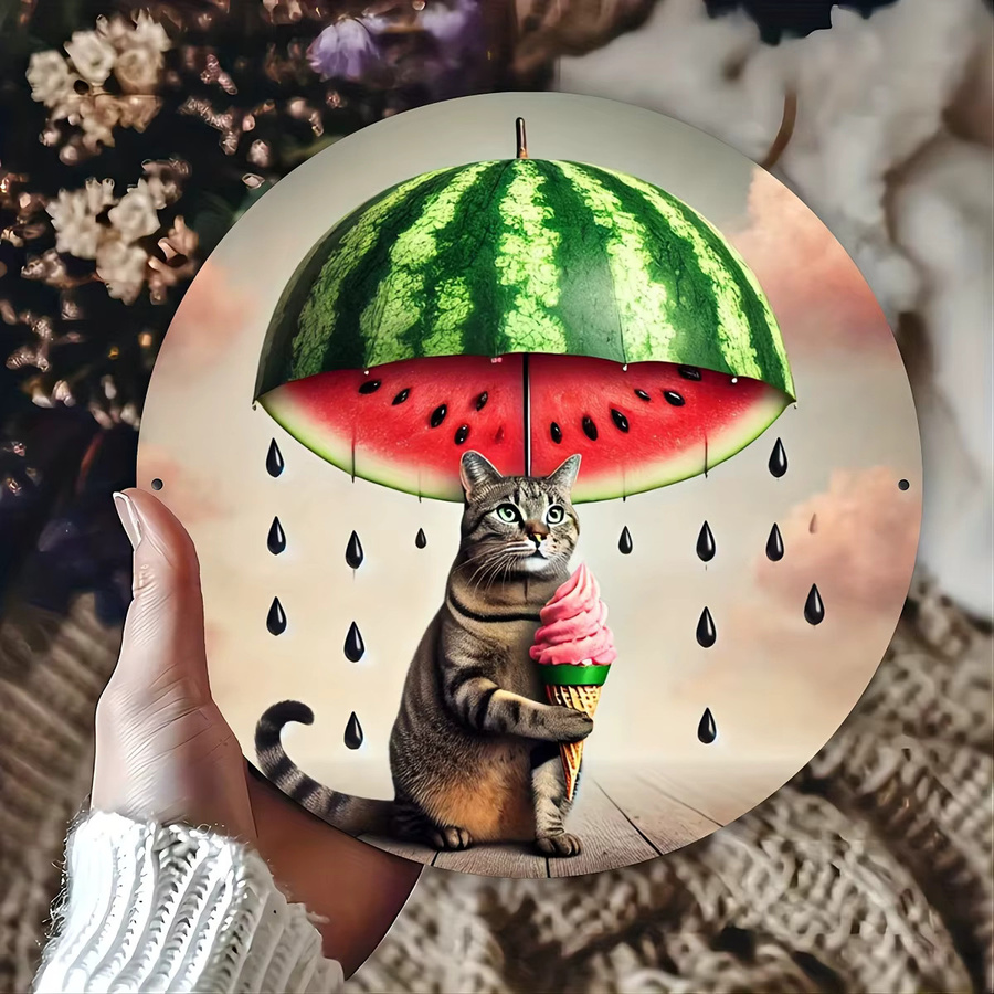Potdemiel Metallschild Katzen und Wassermelonen-Regenschirm Dekoration, B/H: 20 x 20 cm, Mehrfarbig - Bild 3