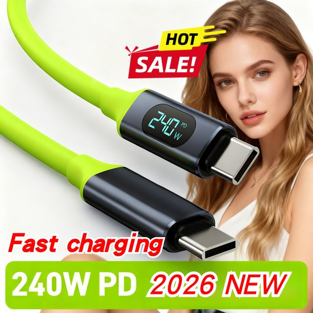 USB-C-Ladekabel mit digitaler Anzeige und USB-A-Adapter, 240 W Schnellladefunktion, Grün, Länge: 1,5 m - Bild 1