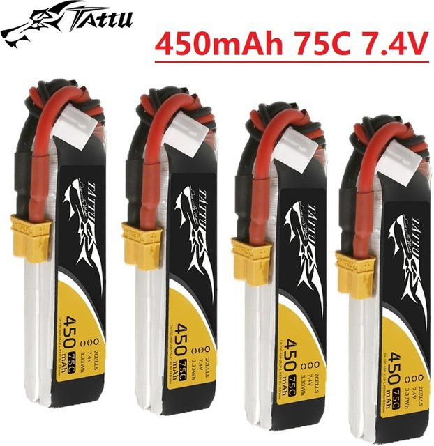 4 Stück TATTU 2S Lipo-Akku 7,4 V 450 mAh 75C mit XT30 Anschluss für RC-Hubschrauber, Quadcopter und FPV-Racing-Drohnen - Bild 1