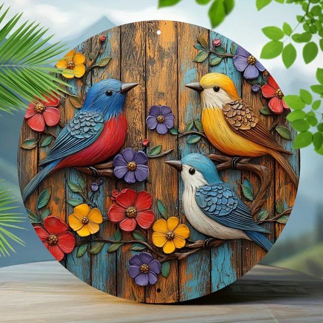 Rundes Vintage-Blechschild HELLOYOUNG mit Vögeln und Blumen in Multicolor, Durchmesser: 20,3 cm - Bild 1