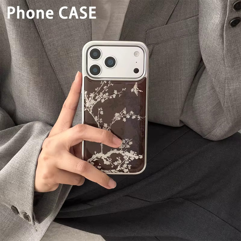 DecoPhone Handyhülle im koreanischen INS-Stil mit Retro-Blumenmuster und Schleife in Braun und Silber für iPhone XR bis iPhone 17 Pro Max - Bild 1
