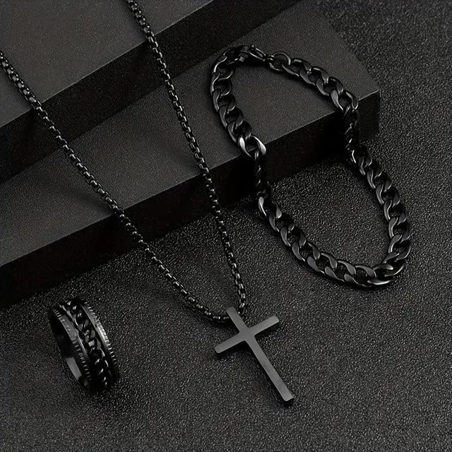 WIKHOSTAR Schmuckset Herren, Messing, Schwarz, Kreuz Anhänger - Bild 1