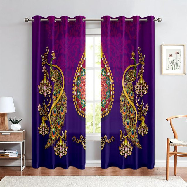 2 Stück Dekorative Vorhänge im Chinesischen Retro-Stil mit Pfauenmuster in Lila, halbtransparent, Breite: 50 cm, Höhe: 140 cm - Bild 1