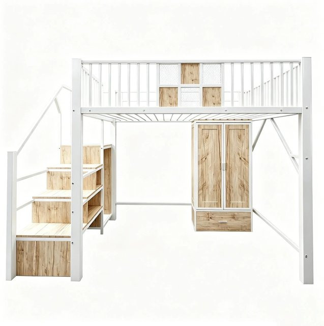 Merax Hochbett mit Kleiderschrank und Schubladen in Weiß und Schwarz, B/T/H: 200 x 140 x 170 cm - Bild 1