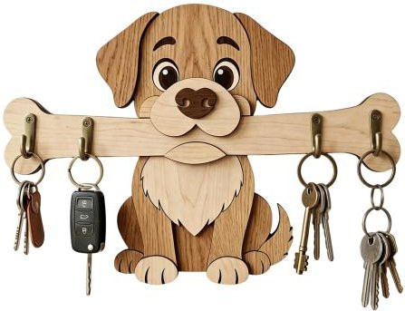 Rustikaler Wandmontierter Schlüsselhalter aus Holz von Home Kits in Braun mit Hundemotiv und knochenförmigen Haken - Bild 1