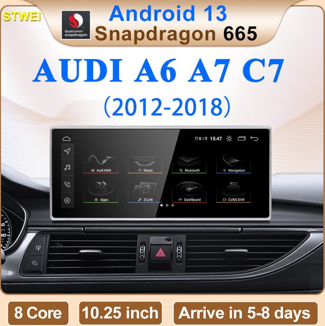 STWEI Multimedia-Bildschirm für Audi A6 A7 C7 (2012-2018) mit 10,25 Zoll Display, Qualcomm Snapdragon 665, Android 13 und drahtlosem CarPlay in Schwarz - Bild 1