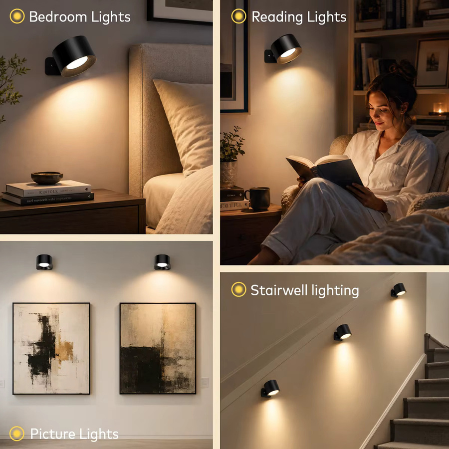 Kabellose magnetische LED-Wandleuchte in Schwarz mit Fernbedienung, dimmbar und wiederaufladbar, inklusive Timer-Funktion und 360 Grad Drehung für Schlafzimmer und Treppen - Bild 7