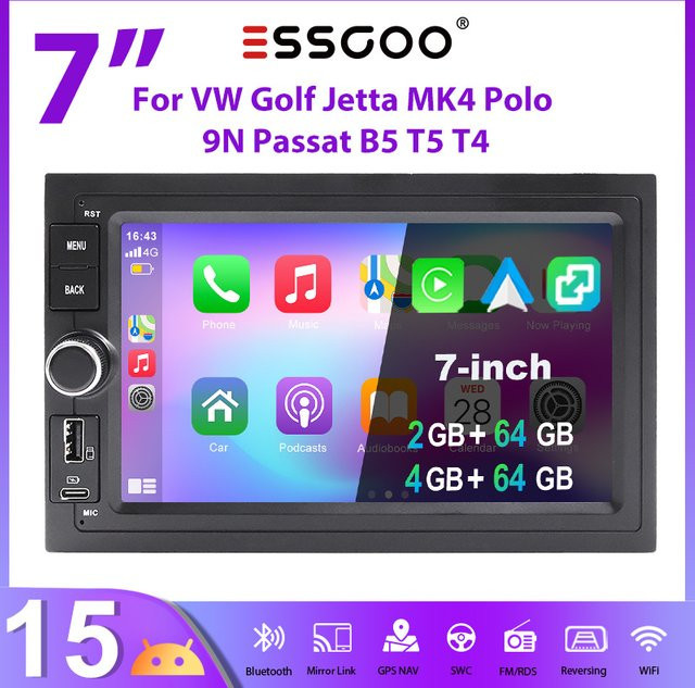ESSGOO Android 15 Autoradio mit 7 Zoll Touchscreen, 4+64G/2+64G, Wireless CarPlay, Android Auto, GPS, Bluetooth und Navigation für VW Golf Jetta MK4 Polo 9N Passat B5 T5 T4 sowie SEAT und SKODA, Schwarz - Bild 1