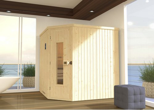 WEKA Ecksauna Varberg 3 in Braun mit BioS Sparset inklusive 7,5 kW Heizung, Holztür und Saunaleuchtenset, B/H/T: 194 x 199 x 194 cm - Bild 2